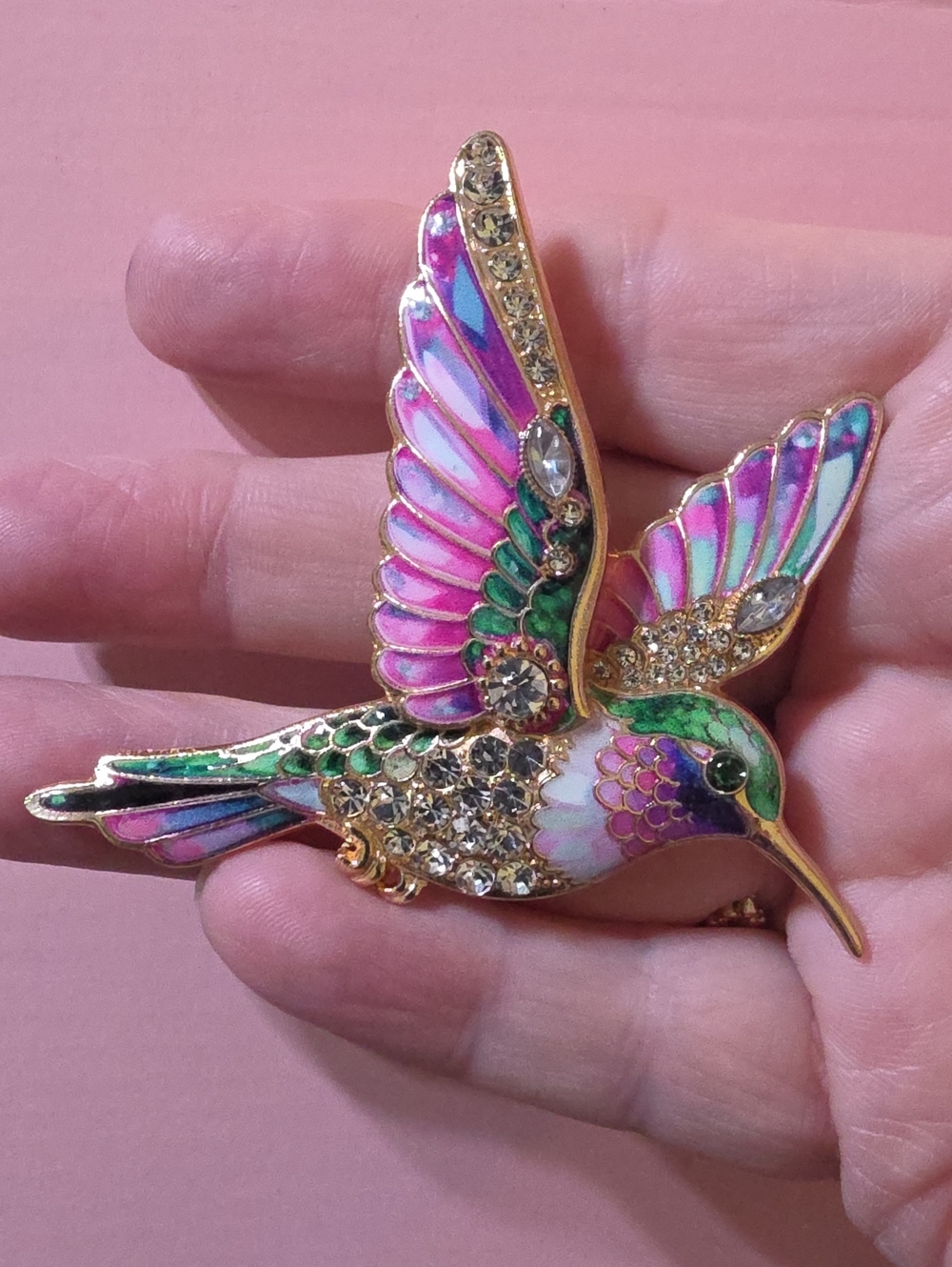 A98- Hummingbird Enamel & Crystal Brooch Pin - Pink Green